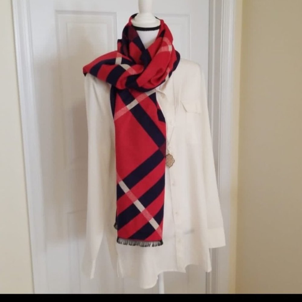 Boutique Cashmere Red Navy Scarf Shawl Wrap